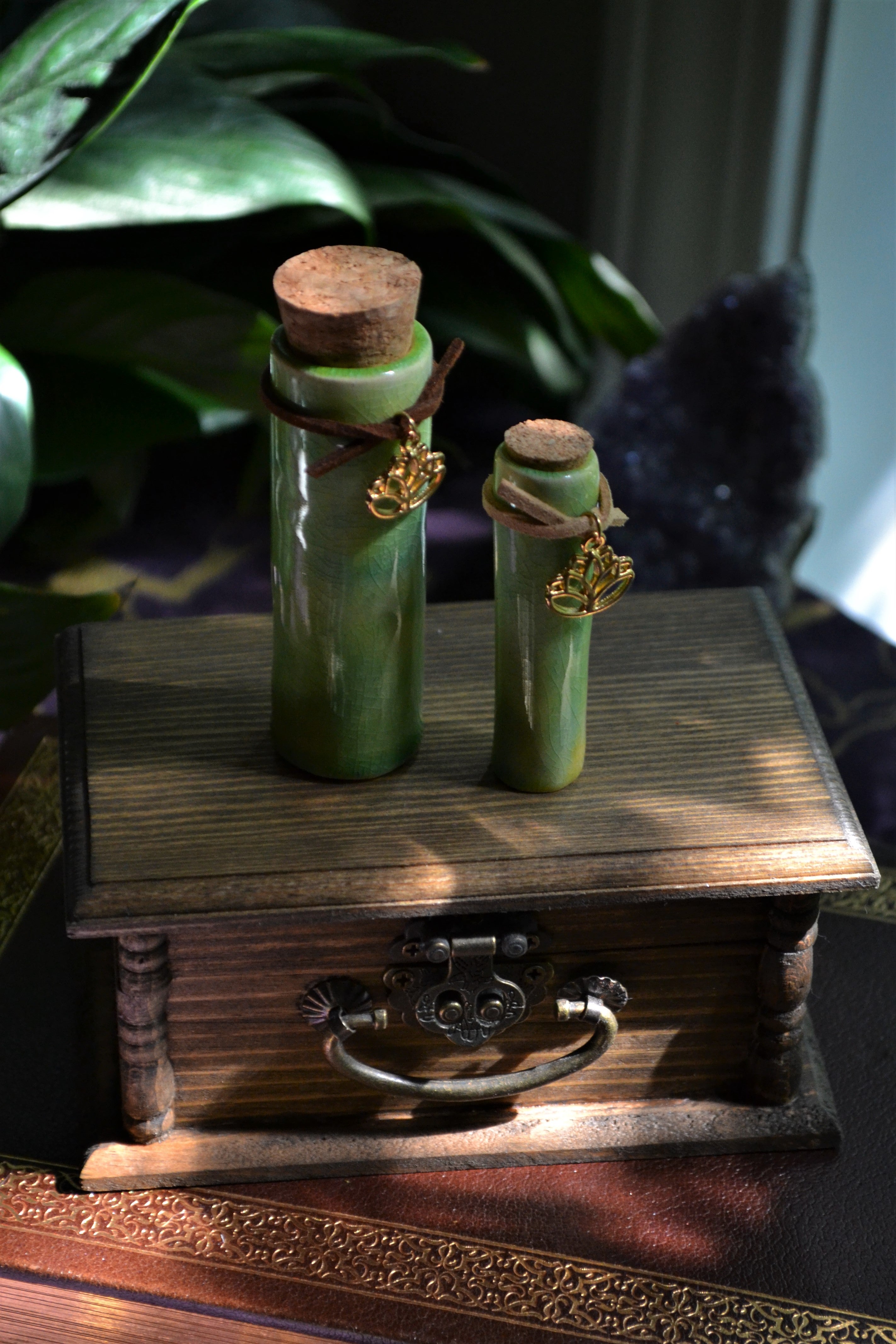 Lime Green Ceramic Spell Bottles - Lotus Charms