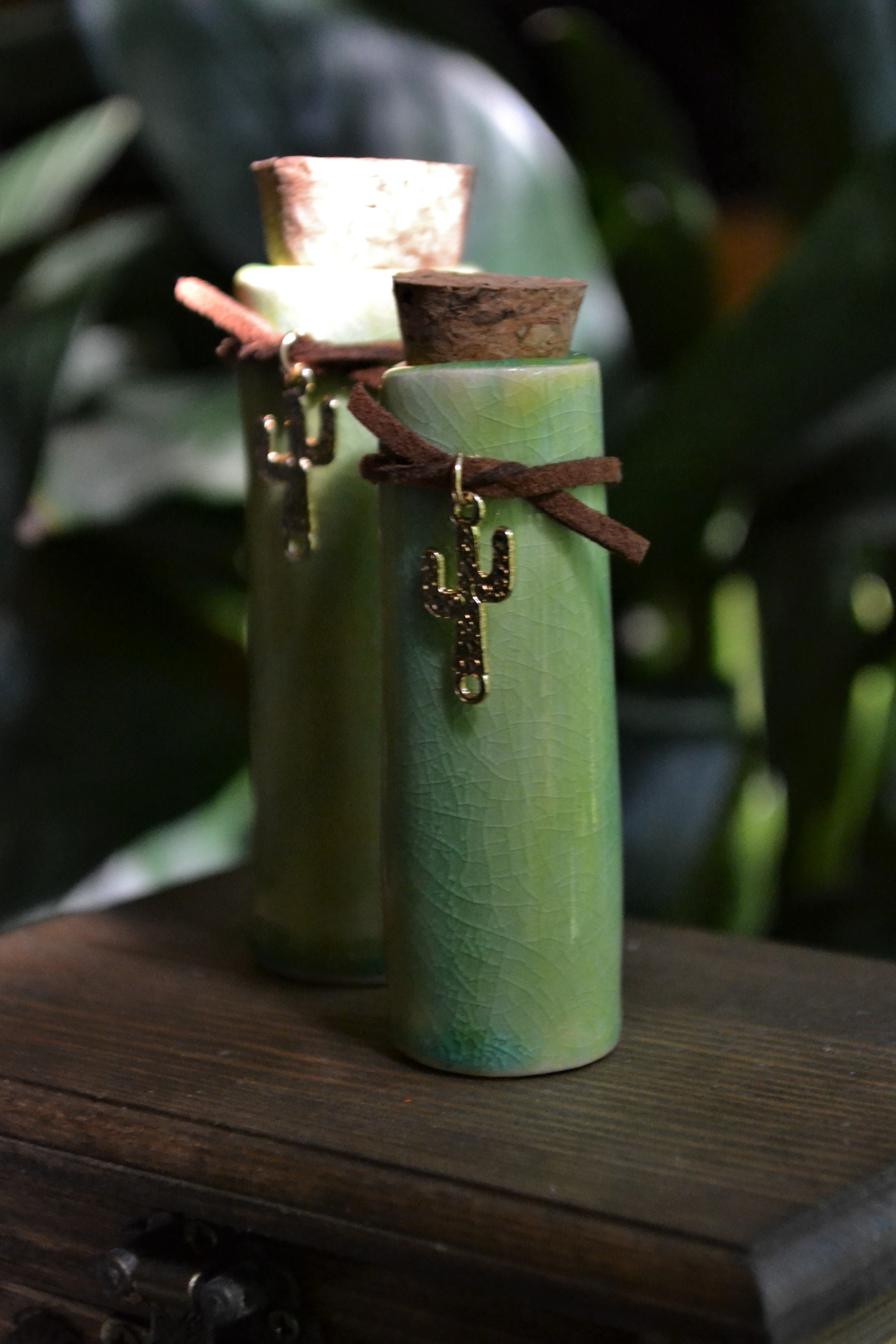 Lime Green Ceramic Spell Bottles - Cacti Charms