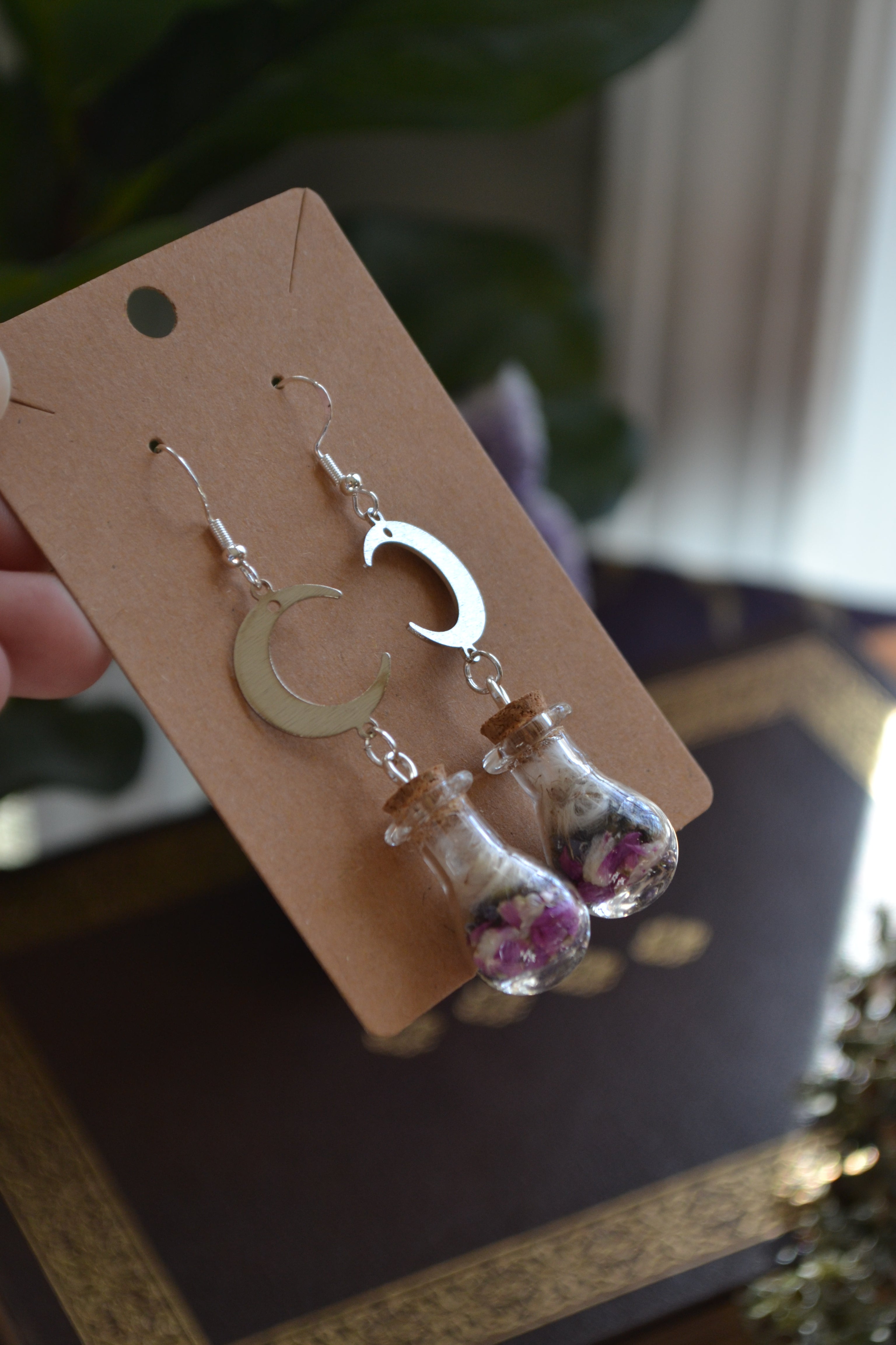 Dandelion, Globe Amaranth, and Lavender Spell Bottle Earrings